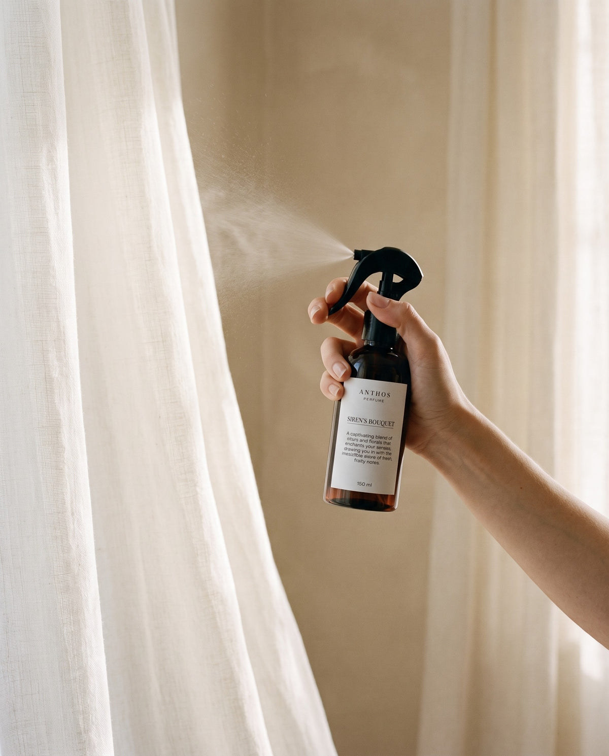 Anthos fabric spray on a linen curtain